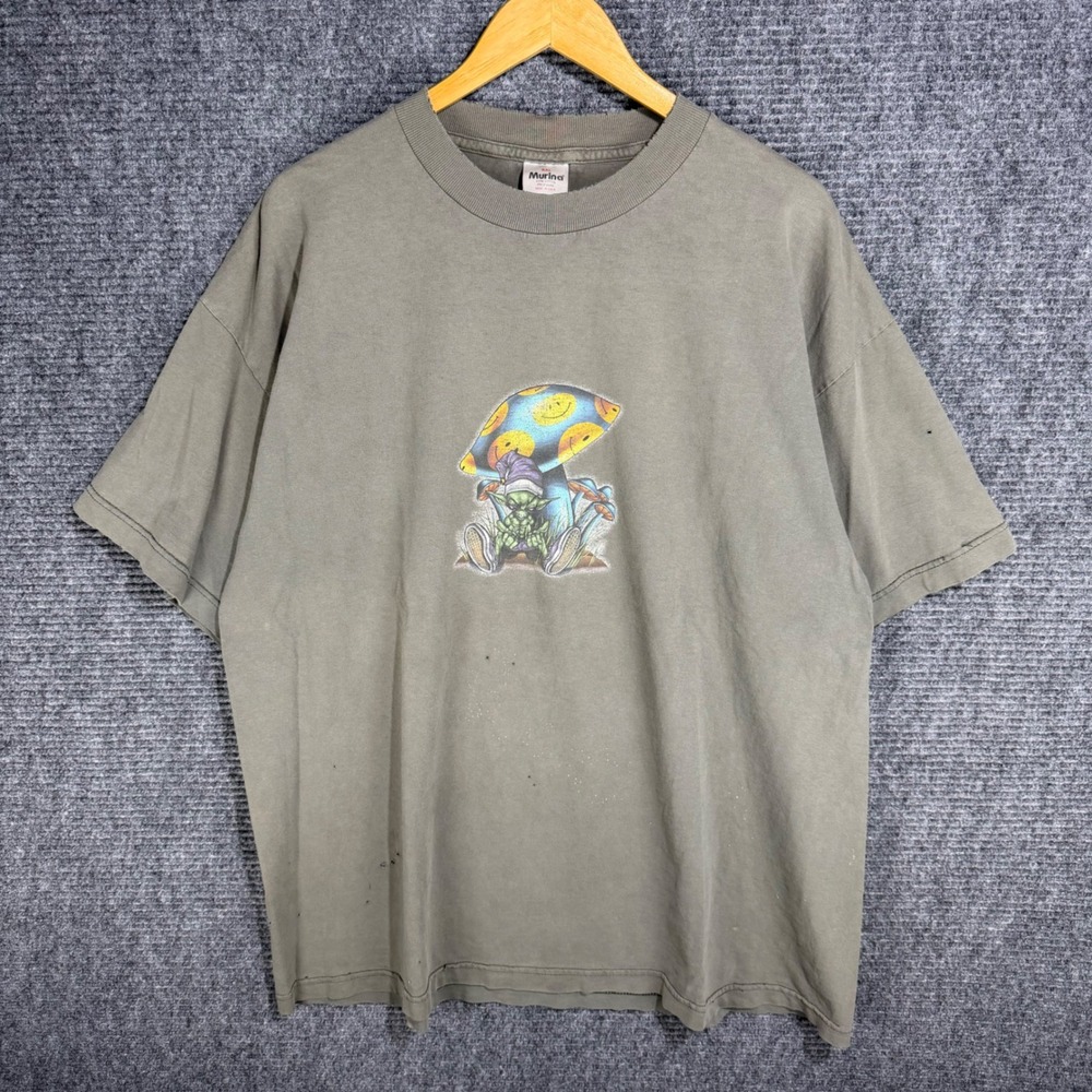 Vintage Murina Alien Mushroom Smiley Face Graphic Tee Distressed Green XXL USA